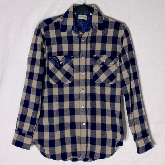 Vintage St. John’s Bay Virgin Wool Navy Tan Plaid Button Up Shirt M - Picture 12 of 12